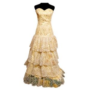 Yellow Gold Lace Filipina Formal Ruffled Dress Detachable Butterfly Sleeves
